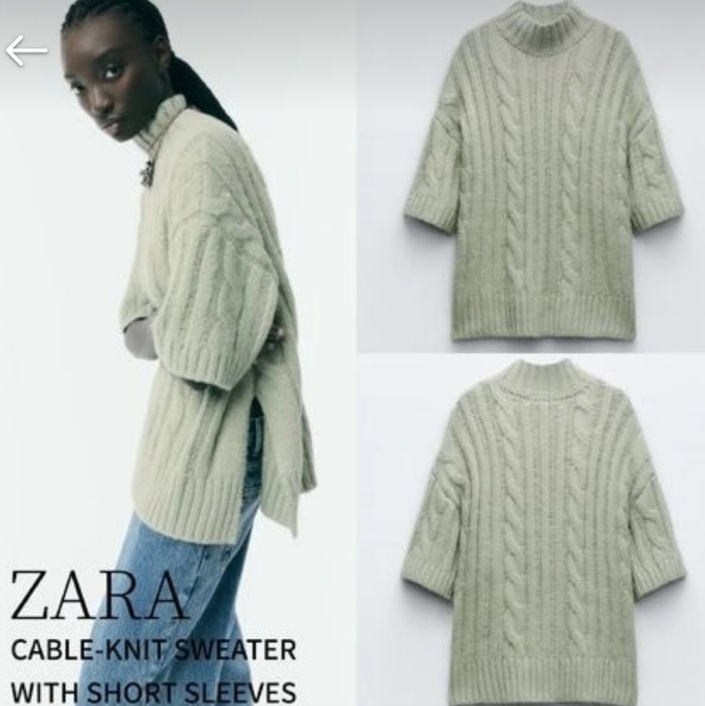 ZARA, short-sleeved Mint Green Cable Knit sweater with side slits, Small